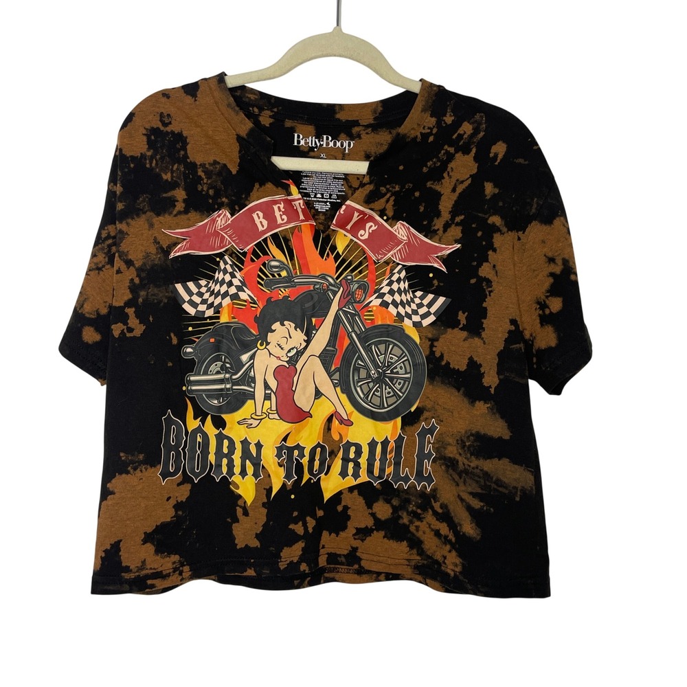 Betty Boop Graphic Tee Womens XL Bleach Wash Born To Rule Biker Shirt Grunge
